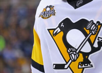 Feb 17, 2017; Columbus, OH, USA; A view of the Pittsburgh Penguins logo on a jersey at Nationwide Arena. The Blue Jackets won 2-1 in overtime. Mandatory Credit: Aaron Doster-USA TODAY Sports