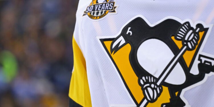 Feb 17, 2017; Columbus, OH, USA; A view of the Pittsburgh Penguins logo on a jersey at Nationwide Arena. The Blue Jackets won 2-1 in overtime. Mandatory Credit: Aaron Doster-USA TODAY Sports