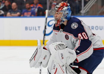 Nov 23, 2024; Edmonton, Alberta, CAN;  Columbus Blue Jackets goaltender Daniil Tarasov (40) follows the play against the Edmonton Oilers at Rogers Place. Mandatory Credit: Perry Nelson-Imagn Images