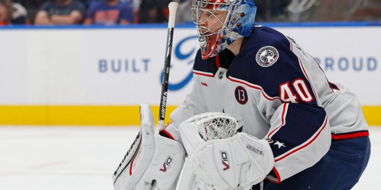 Nov 23, 2024; Edmonton, Alberta, CAN;  Columbus Blue Jackets goaltender Daniil Tarasov (40) follows the play against the Edmonton Oilers at Rogers Place. Mandatory Credit: Perry Nelson-Imagn Images
