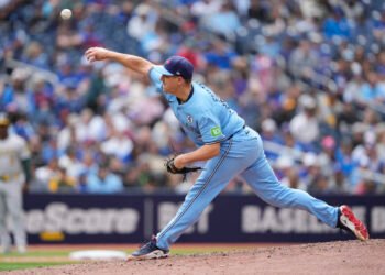 Jun 1, 2025; Toronto, Ontario, CAN; Toronto Blue Jays pitcher Erik Swanson (50) pitches to the Athletics during the eighth inning at Rogers Centre. Mandatory Credit: John E. Sokolowski-Imagn Images
