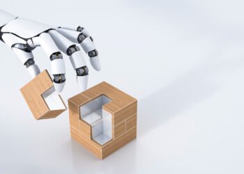 3D Rendering, Roboterhand baut Würfel zusammen, Roboter, Hand, Würfel, Business, Teile, Technologie, Idee, Technik, futuristisch, innovativ, Zusammenhalt, Verbindung, Verknüpfung, Symbol, Zeichen, Konzept, Science Fiction, Zukunft, Holz, Metall, Quader, passen, Puzzle