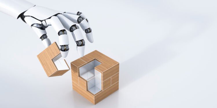 3D Rendering, Roboterhand baut Würfel zusammen, Roboter, Hand, Würfel, Business, Teile, Technologie, Idee, Technik, futuristisch, innovativ, Zusammenhalt, Verbindung, Verknüpfung, Symbol, Zeichen, Konzept, Science Fiction, Zukunft, Holz, Metall, Quader, passen, Puzzle