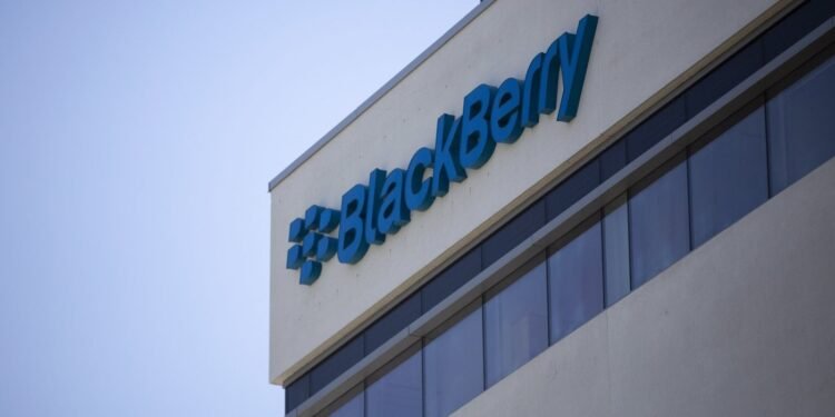 The Blackberry logo located in the front of the company's B building in Waterloo, Ont. on Tuesday, May 29, 2018. THE CANADIAN PRESS/Andrew Ryan