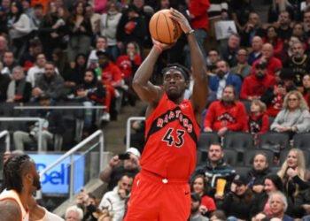 Dec 13, 2023; Toronto, Ontario, CAN;   Toronto Raptors forward Pascal Siakam (43) shoots the ball against the Atlanta Hawks in the second half at Scotiabank Arena. Mandatory Credit: Dan Hamilton-USA TODAY Sports