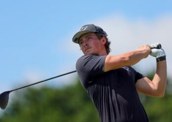 Oct 21, 2023; Doral, Florida, USA; James Piot plays his shot from the eighth tee during the second round of the LIV Golf Miami golf tournament at Trump National Doral. Mandatory Credit: Sam Navarro-USA TODAY Sports