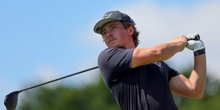 Oct 21, 2023; Doral, Florida, USA; James Piot plays his shot from the eighth tee during the second round of the LIV Golf Miami golf tournament at Trump National Doral. Mandatory Credit: Sam Navarro-USA TODAY Sports