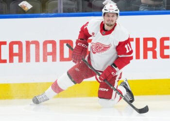 Apr 17, 2025; Toronto, Ontario, CAN; Detroit Red Wings right wing Vladimir Tarasenko (11) stretches during the warmup before a game against the Toronto Maple Leafs at Scotiabank Arena. Mandatory Credit: Nick Turchiaro-Imagn Images