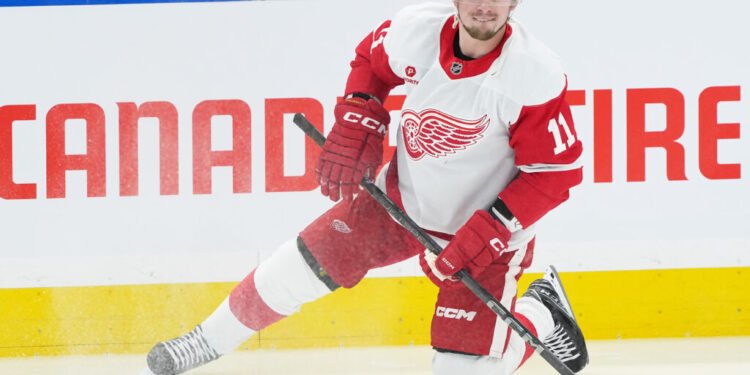 Apr 17, 2025; Toronto, Ontario, CAN; Detroit Red Wings right wing Vladimir Tarasenko (11) stretches during the warmup before a game against the Toronto Maple Leafs at Scotiabank Arena. Mandatory Credit: Nick Turchiaro-Imagn Images