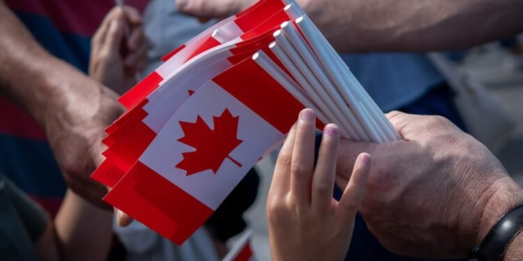 A boy reaches for a Canadian flag on Canada Day in Vancouver, Monday, July 1, 2024. THE CANADIAN PRESS/Ethan Cairns