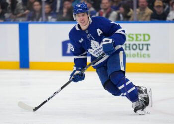 Mar 19, 2025; Toronto, Ontario, CAN; Toronto Maple Leafs forward Mitch Marner (16) skates against the Colorado Avalanche during the third period at Scotiabank Arena. Mandatory Credit: John E. Sokolowski-Imagn Images