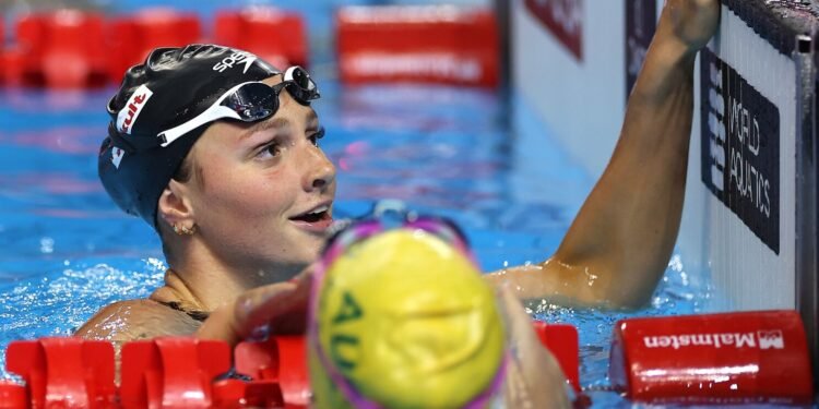 SINGAPORE, SINGAPORE - JULY 27: Summer McIntosh of Team Canada reacts after winning gold in the Women's 400m Freestyle Final on day 17 of the Singapore 2025 World Aquatics Championships at World Aquatics Championships Arena on July 27, 2025 in Singapore. (Photo by Sarah Stier/Getty Images)