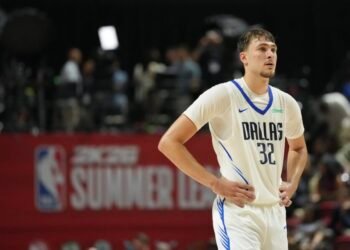 Jul 10, 2025; Las Vegas, NV, USA; Dallas Mavericks forward Cooper Flagg (32) looks on against the Los Angeles Lakers in the third quarter of their game at Thomas & Mack Center. Mandatory Credit: Candice Ward-Imagn Images
