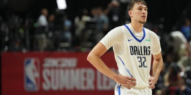Jul 10, 2025; Las Vegas, NV, USA; Dallas Mavericks forward Cooper Flagg (32) looks on against the Los Angeles Lakers in the third quarter of their game at Thomas & Mack Center. Mandatory Credit: Candice Ward-Imagn Images