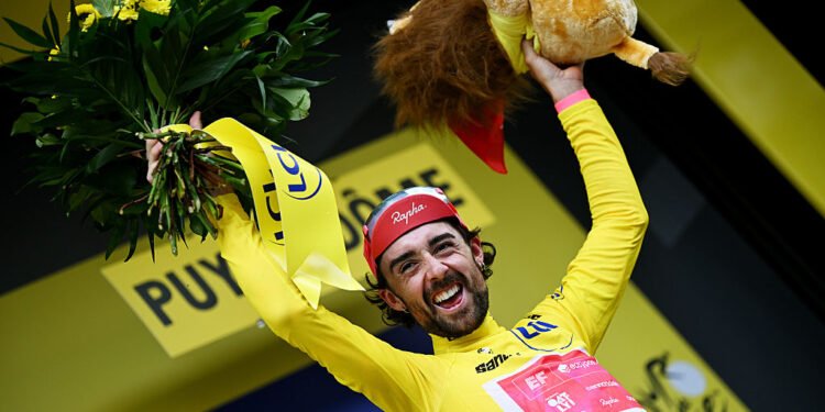 LE MONT-DORE PUY DE SANCY, FRANCE - JULY 14: Ben Healy of Ireland and Team EF Education - EasyPost celebrates at podium as Yellow leader jersey winner during the 112th Tour de France 2025, Stage 10 a 165.3km stage from Ennezat to Le Mont-Dore Puy de Sancy (Super Sancy) 1318m / #UCIWT / on July 14, 2025 in Le Mont-Dore Puy de Sancy, France. (Photo by Tim de Waele/Getty Images)