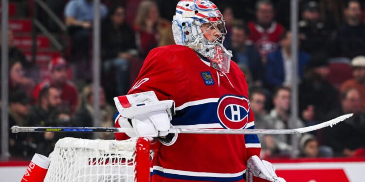 Oct 24, 2023; Montreal, Quebec, CAN; Montreal Canadiens goalie Cayden Primeau (30) looks on during the third period at Bell Centre. Mandatory Credit: David Kirouac-USA TODAY Sports