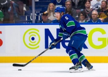 May 16, 2024; Vancouver, British Columbia, CAN; Vancouver Canucks forward Brock Boeser (6) handles the puck against the Edmonton Oilers during the first period in game five of the second round of the 2024 Stanley Cup Playoffs at Rogers Arena. Mandatory Credit: Bob Frid-USA TODAY Sports