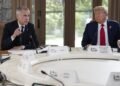 President Donald Trump, right, and Canada's Prime Minister Mark Carney participate in a session of the G7 Summit, Monday, June 16, 2025, in Kananaskis, Canada. (AP Photo/Mark Schiefelbein)