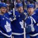 May 5, 2025; Toronto, Ontario, CAN; Toronto Maple Leafs forward William Nylander (88) celebrates with defenseman Morgan Rielly (44) and forward John Tavares (91) after his second goal of the first period against the Florida Panthers during the second round of the 2025 Stanley Cup Playoffs at Scotiabank Arena. Mandatory Credit: John E. Sokolowski-Imagn Images
