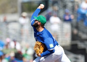 Mar 17, 2025; Dunedin, Florida, USA; Toronto Blue Jays pitcher Tommy Nance (45) throws a pitch against the New York Yankees in the seventh inning during spring training at TD Ballpark. Mandatory Credit: Nathan Ray Seebeck-Imagn Images