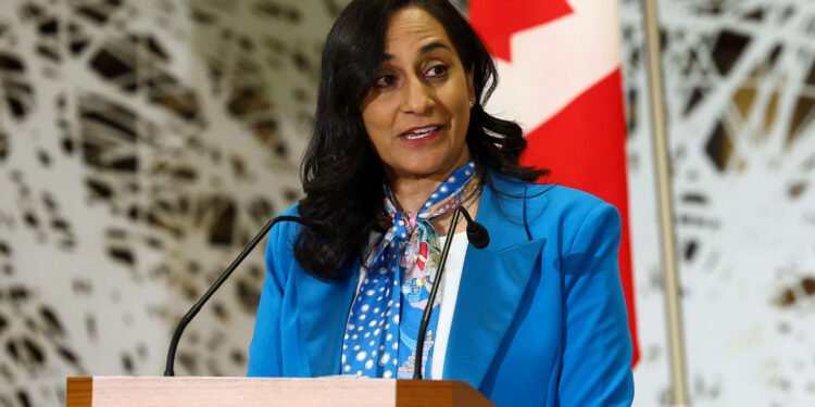 Canada's Foreign Minister Anita Anand delivers a joint statement with Japan's Foreign Minister Takeshi Iwaya (not pictured), after bilateral talks, in Tokyo, Japan July 8, 2025.  REUTERS/Issei Kato