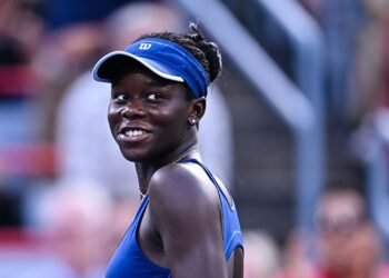 MONTREAL, CANADA - AUGUST 07: Victoria Mboko of Canada reacts against Naomi Osaka of Japan during the Women's Singles Final match on day twelve of the WTA 1000 National Bank Open at IGA Stadium on August 7, 2025 in Montreal, Quebec, Canada.  (Photo by Minas Panagiotakis/Getty Images)