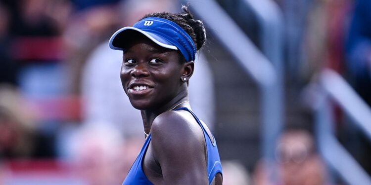 MONTREAL, CANADA - AUGUST 07: Victoria Mboko of Canada reacts against Naomi Osaka of Japan during the Women's Singles Final match on day twelve of the WTA 1000 National Bank Open at IGA Stadium on August 7, 2025 in Montreal, Quebec, Canada.  (Photo by Minas Panagiotakis/Getty Images)