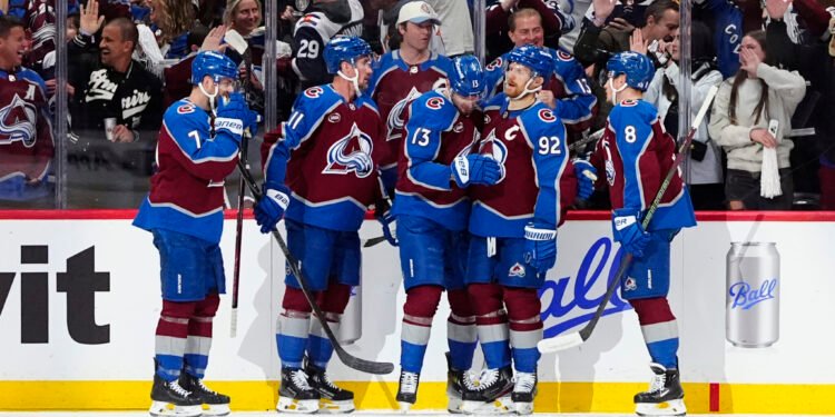 May 1, 2025; Denver, Colorado, USA; Colorado Avalanche right wing Valeri Nichushkin (13) (center) celebrates his goal with defenseman Devon Toews (7), defenseman Cale Makar (8),left wing Gabriel Landeskog (92), defenseman Cale Makar (8) and center Brock Nelson (11) in the first period against the Dallas Stars in game six of the first round of the 2025 Stanley Cup Playoffs at Ball Arena. Mandatory Credit: Ron Chenoy-Imagn Images