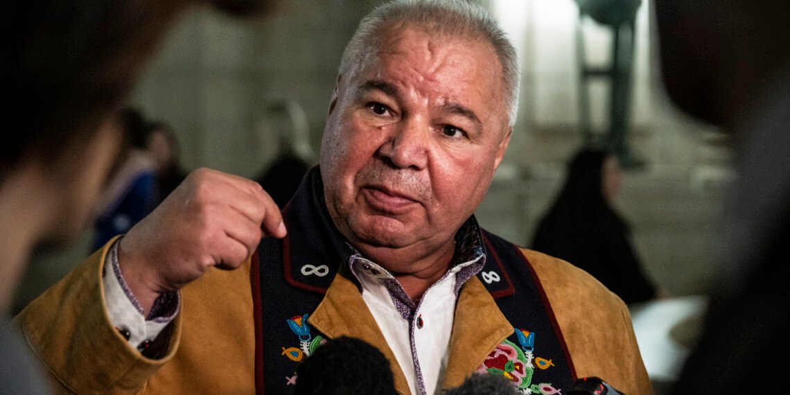 President of the Manitoba Metis Federation David Chartrand speaks to media after the completion of the 43rd Manitoba legislature throne speech at the Manitoba Legislative Building in Winnipeg on November 21, 2023. THE CANADIAN PRESS/Aaron Vincent Elkaim