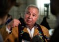 President of the Manitoba Metis Federation David Chartrand speaks to media after the completion of the 43rd Manitoba legislature throne speech at the Manitoba Legislative Building in Winnipeg on November 21, 2023. THE CANADIAN PRESS/Aaron Vincent Elkaim