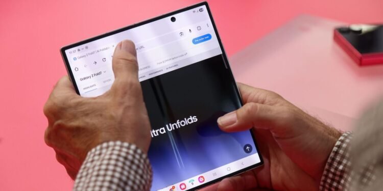 A Samsung Galaxy Z Fold 7 during Galaxy Unpacked at the Brooklyn Navy Yard in New York, US, on Wednesday, July 9, 2025. Samsung Electronics Co. unveiled two upgraded smartwatches and new artificial intelligence software in its latest attempt to stand out in a crowded market led by Apple. Photographer: Michael Nagle/Bloomberg