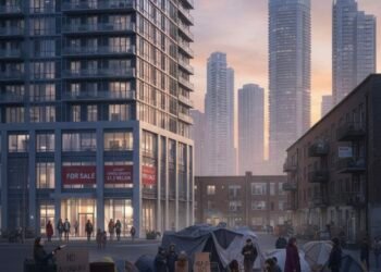 Homeless encampment with tents and people gathered around a fire in front of luxury high-rise condos at dusk