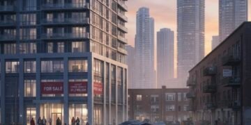 Toronto condo sales hit 34-year low as market stalls in 2025 6 Homeless encampment with tents and people gathered around a fire in front of luxury high-rise condos at dusk