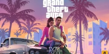 GTA 6 countdown hits 300-sleep mark ahead of Nov. 2026 launch 9 Illustrated GTA VI poster with two main characters leaning on a car, palm trees and pastel city skyline at sunset.