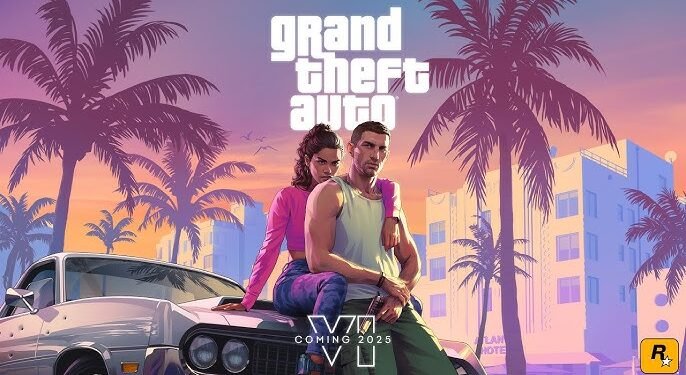 Illustrated GTA VI poster with two main characters leaning on a car, palm trees and pastel city skyline at sunset.