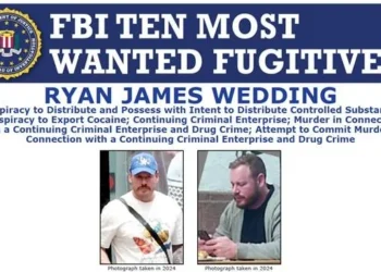 Former Canadian Olympian Ryan Wedding arrested in Mexico case 15 FBI Ten Most Wanted Fugitive poster for Ryan James Wedding with two 2024 photographs and listed criminal charges.