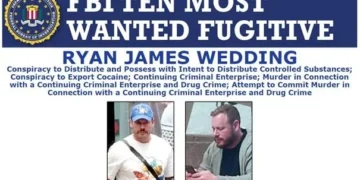 Former Canadian Olympian Ryan Wedding arrested in Mexico case 5 FBI Ten Most Wanted Fugitive poster for Ryan James Wedding with two 2024 photographs and listed criminal charges.