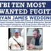 FBI Ten Most Wanted Fugitive poster for Ryan James Wedding with two 2024 photographs and listed criminal charges.