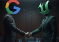 Business handshake between figures with Google and Unreal Engine logos, symbolizing a technology partnership or strategic collaboration.