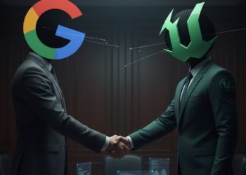 Judge questions Epic–Google $800M Android deal amid settlement 13 Business handshake between figures with Google and Unreal Engine logos, symbolizing a technology partnership or strategic collaboration.