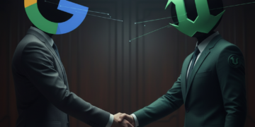 Judge questions Epic–Google $800M Android deal amid settlement 7 Business handshake between figures with Google and Unreal Engine logos, symbolizing a technology partnership or strategic collaboration.