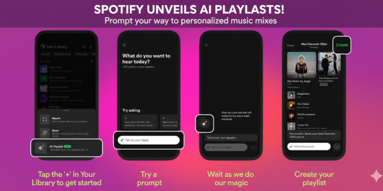 Spotify expands Prompted Playlists beta to Premium users in Canada 12 Spotify app screens showing AI-powered playlist creation with prompts, generation steps, and personalized music mixes on mobile.c