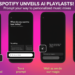 Spotify app screens showing AI-powered playlist creation with prompts, generation steps, and personalized music mixes on mobile.c
