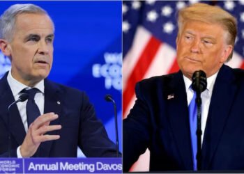Daily Dive | Canada News in 60 Words 62 Side-by-side photo of Mark Carney speaking at the World Economic Forum and Donald Trump at a podium with U.S. flags.