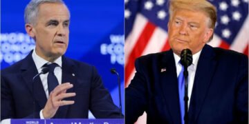 Side-by-side photo of Mark Carney speaking at the World Economic Forum and Donald Trump at a podium with U.S. flags.