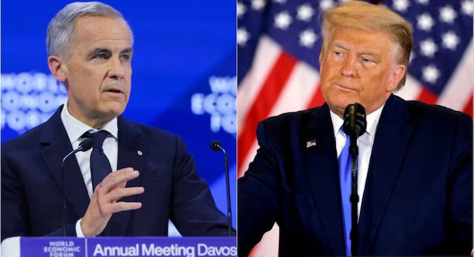 Carney’s Davos warning draws Trump rebuke, fuels trade anxiety 12 Side-by-side photo of Mark Carney speaking at the World Economic Forum and Donald Trump at a podium with U.S. flags.