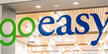 Goeasy logo with a stock market graph showing a steep decline amid loan write-down news