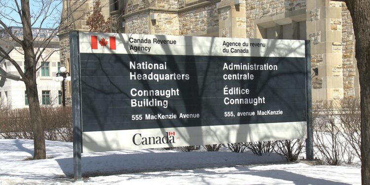 The official Canada Revenue Agency (CRA) signage featuring the Government of Canada logo and 'Canada Revenue Agency' text in English and French.
