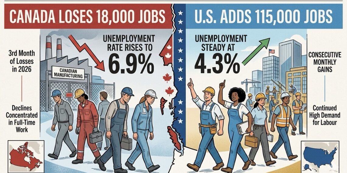 A split-screen editorial illustration comparing April 2026 job markets: Canada's side shows a 6.9% unemployment rate with workers leaving a factory and a downward red arrow; the U.S. side shows a steady 4.3% rate with diverse construction workers and an upward green arrow.