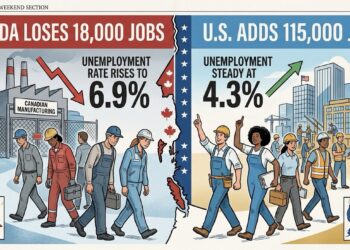 A split-screen editorial illustration comparing April 2026 job markets: Canada's side shows a 6.9% unemployment rate with workers leaving a factory and a downward red arrow; the U.S. side shows a steady 4.3% rate with diverse construction workers and an upward green arrow.
